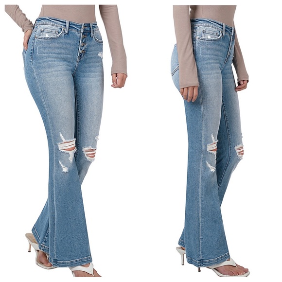 19 Light Medium Blue Distressed Mid-Rise Button-Fly Pocket Flare Jeans - Picture 2 of 3